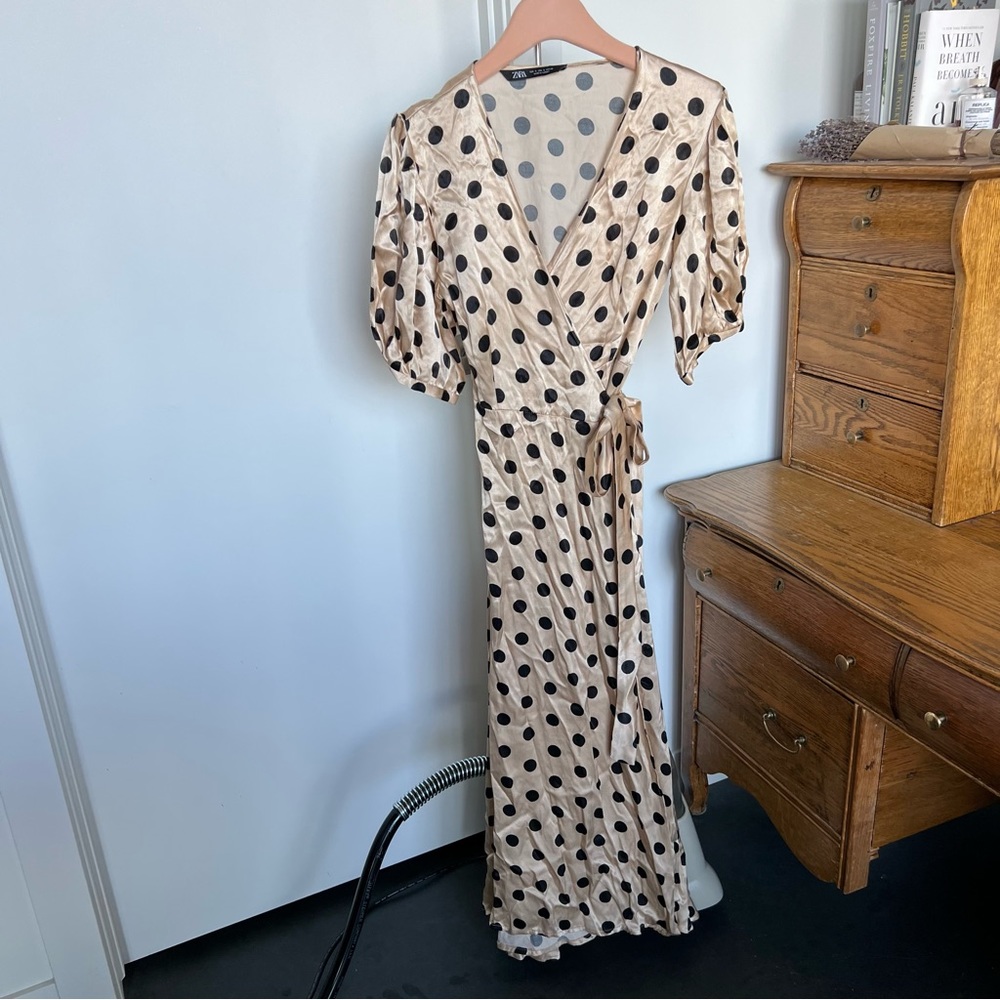 cream with black polka dots satin wrap dress lightly worn fits more like xs